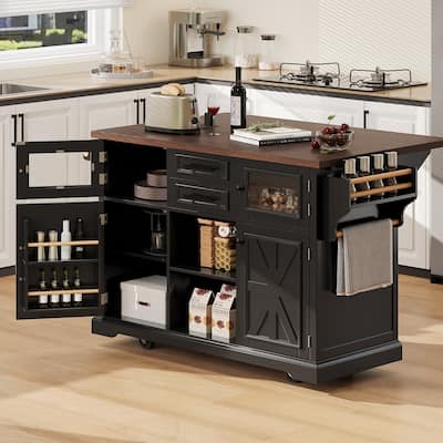 54.9" Kitchen Island with Drop Leaf and 4 Door Shelves
