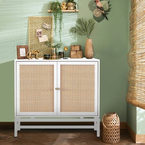 Beach Rattan 2 Door Storage Cabinet, Boho White Sideboard Buffet with Doors and Adjustable Shelf, Wood Entryway Chest, Cupboard