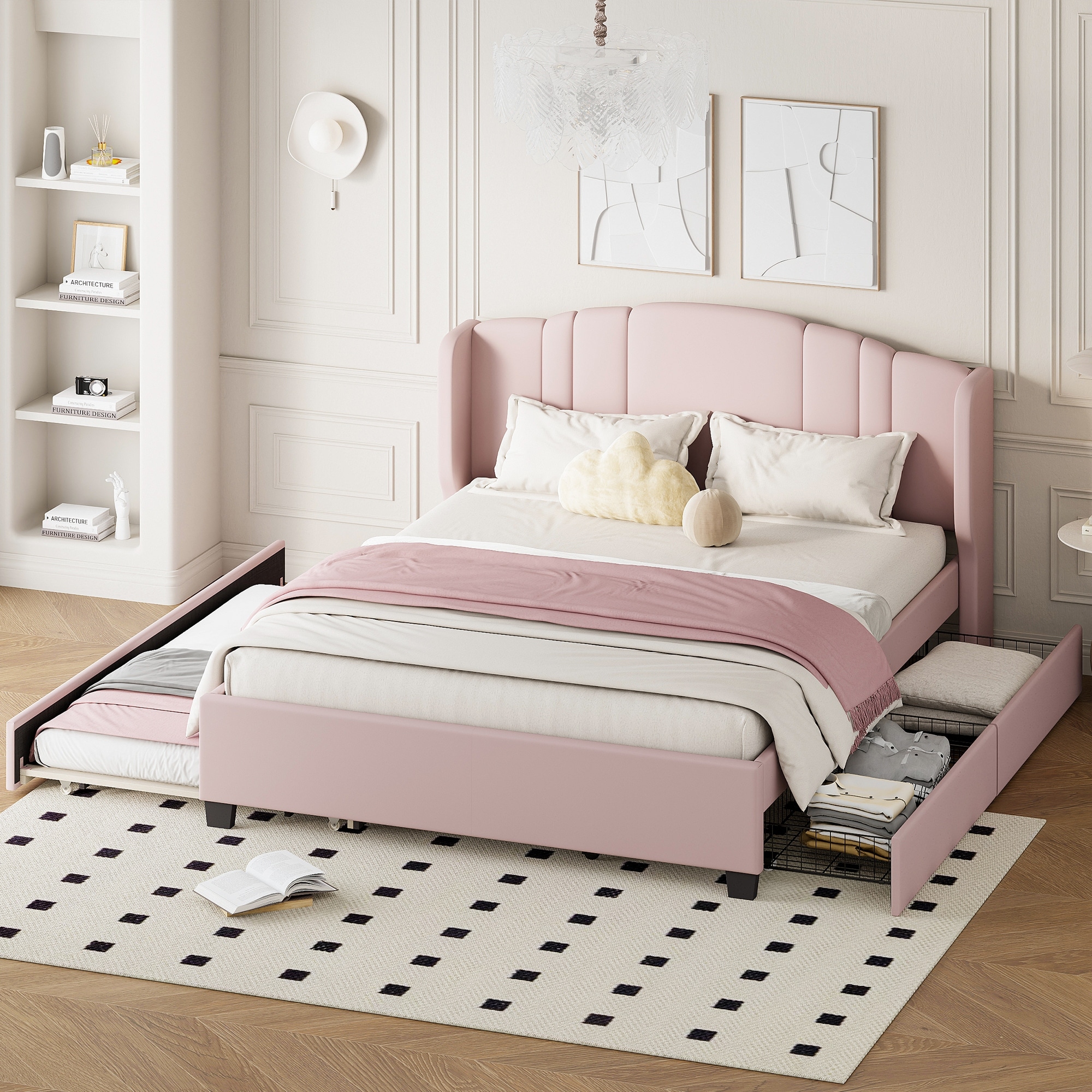 Upholstered Platform Bed with Wingback Headboard, One Twin Trundle and 2 Drawers, No Box Spring Needed, Linen Fabric, Queen Size