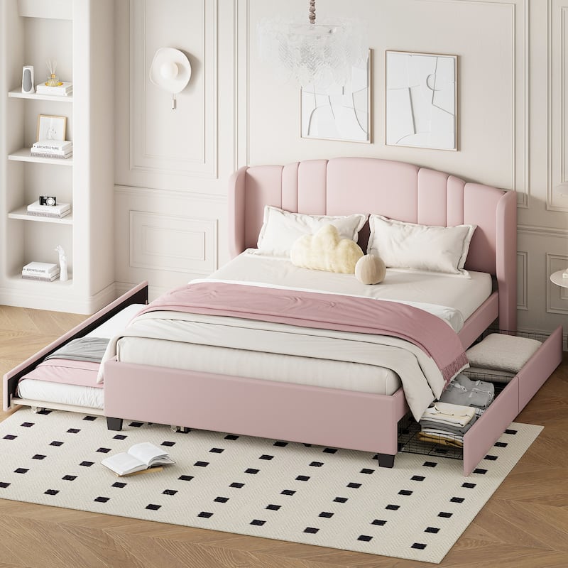 Upholstered Platform Bed with Wingback Headboard, Queen Size Linen Fabric Bed Frame with Twin Trundle Bed and 2 Drawers