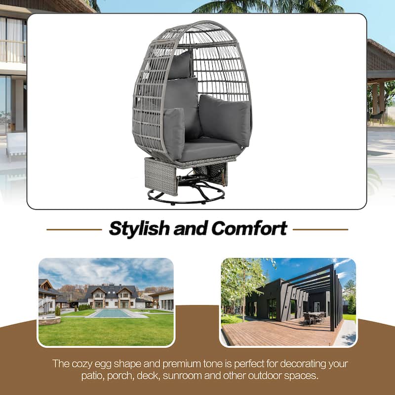 Outdoor Swivel Chair with Cushions, Rattan Egg Patio Chair with Rocking Function for Balcony, Poolside and Garden