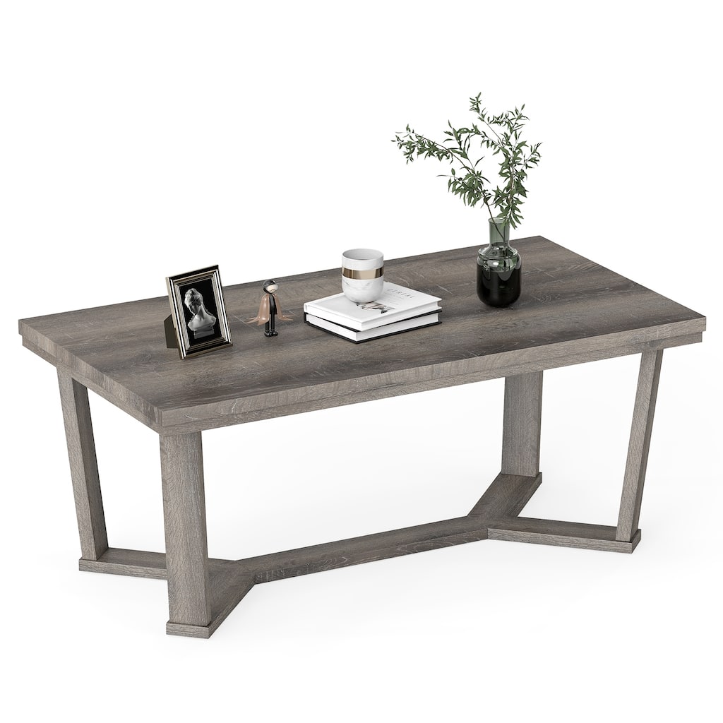 Gymax Coffee Table Solid Rubber Wood Center Table w/ Cross-Shaped Base