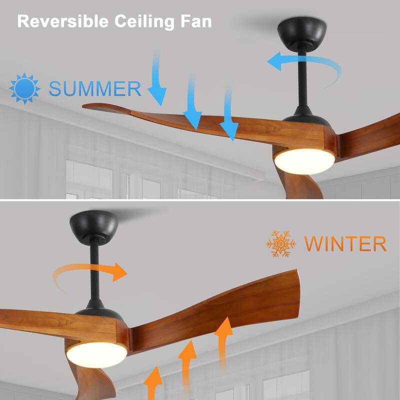 3 Solid Wood Blades Propeller Smart Ceiling Fan, 52 Inch Reversible Ceiling Fan with Dimmable 3 Color LED Light