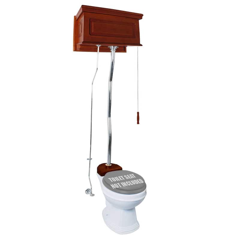 High Tank Toilet - Light Mahogany Raised Tank, White Elongated Bowl and Chrome Z Pipe Renovators Supply