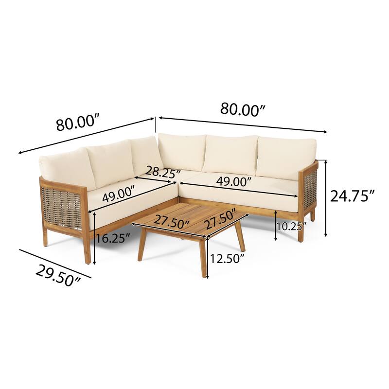 Burchett Outdoor Acacia Wood and Round Wicker 5 Seater Sectional Sofa Chat Set with Cushions by Christopher Knight Home