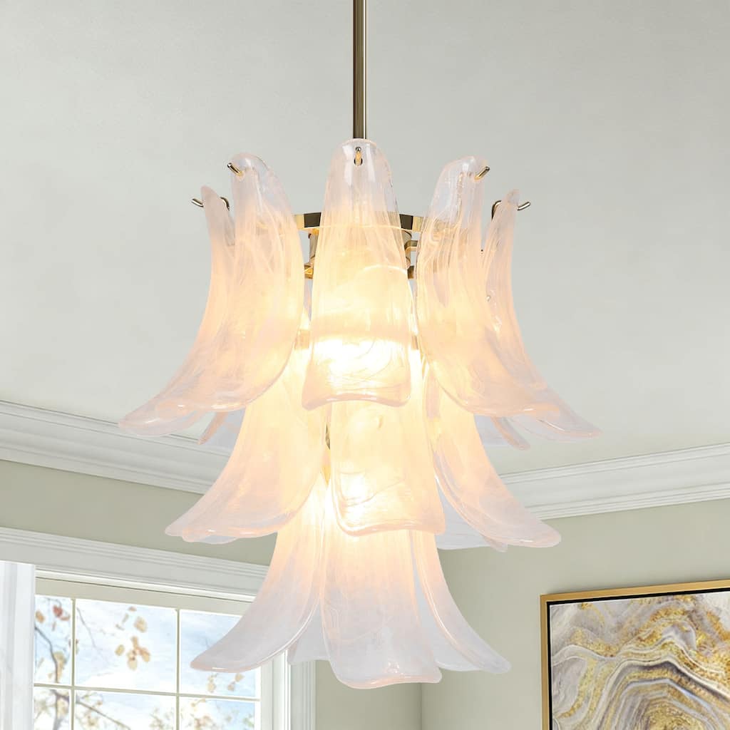 Modern Vintage Glam 4-Light Petal Chandelier 3-Tier Art Glass Ceiling Light - Diameter 20" × Height 19"