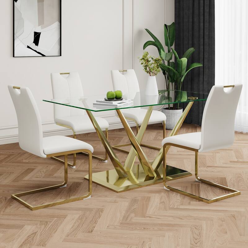5-Piece Rectangular Dining Table Set for 4 Modern 63" Tempered Glass Kitchen Table with 4 Chairs, Luxury Dining Room Table Set