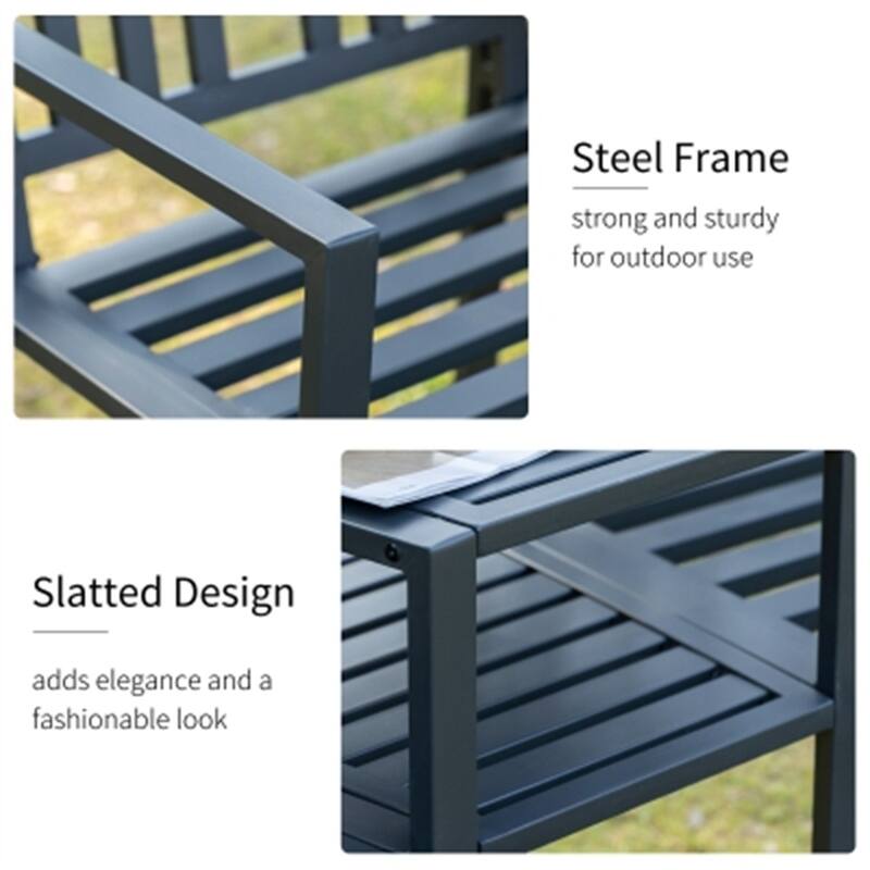 Outdoor Black Metal Garden Loveseat with Tea Table Two Seat Patio Bench for Backyard Porch and Patio - 65" L x 24" W x 33.75" H