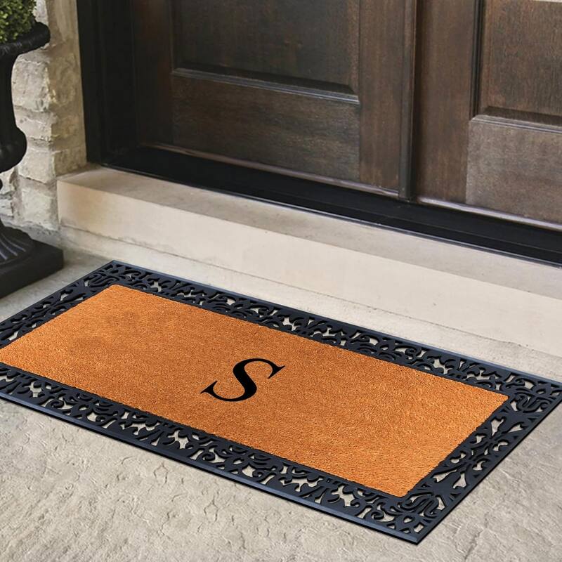 A1HC Rubber and Coir Paisley Border Heavy Duty Non-Slip Durable Double Door Monogrammed Doormat 30"X60", Black