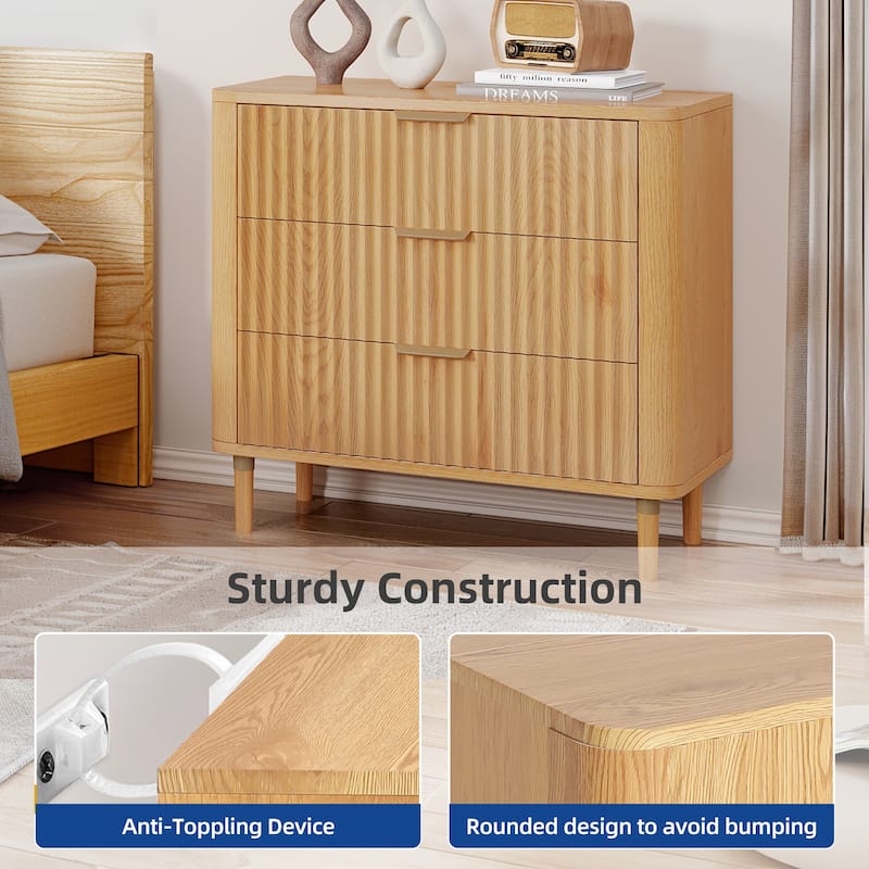 Moasis Modern Fluted 3-Drawer Dresser Chest of Drawers Natural Oak
