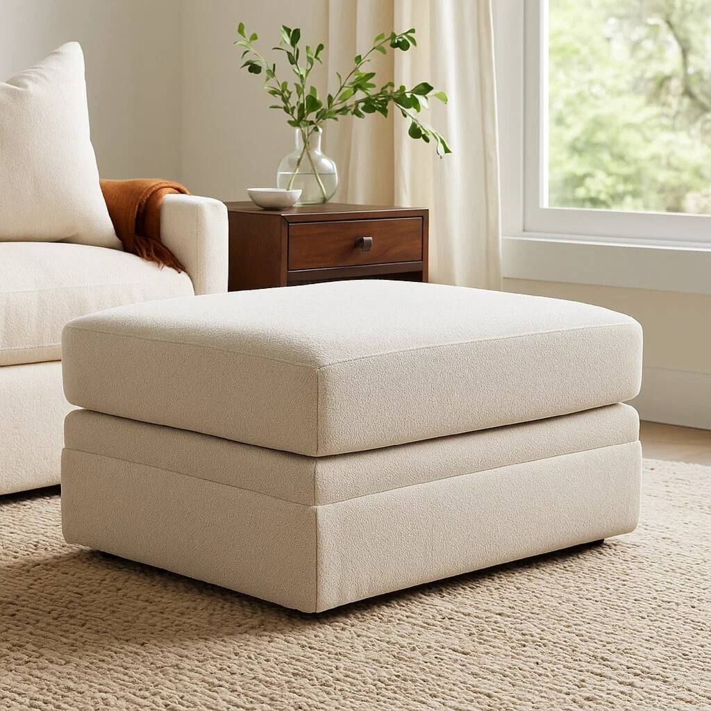 Maite Ottoman, Modern Chalk Gray Polyester, Soft Cushions, 34 Inch