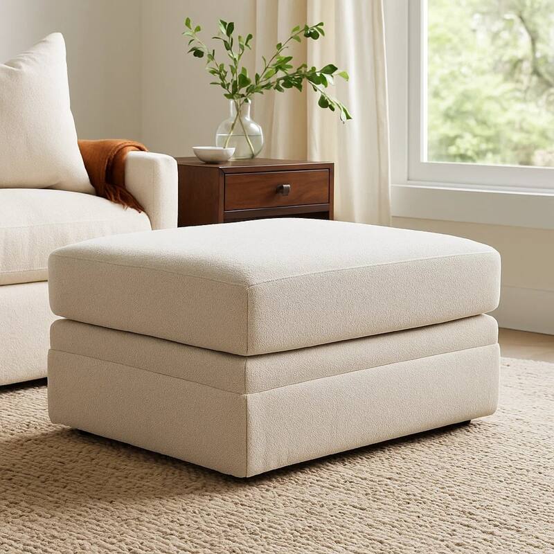 Maite Ottoman, Modern Chalk Gray Polyester, Soft Cushions, 34 Inch