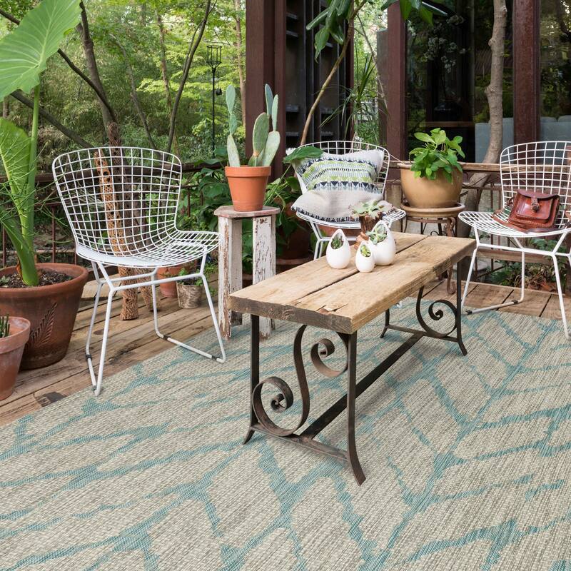 The Curated Nomad Claremont Chevron Pattern Indoor/ Outdoor Area Rug - 7'10" x 10'9" - Mist/ Aqua