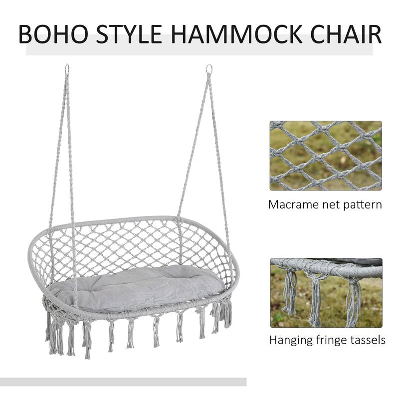 Outsunny Outdoor Hanging Hammock Porch Swing Chair with Cotton Rope Netting, Steel Frame, & Built-In Armrests
