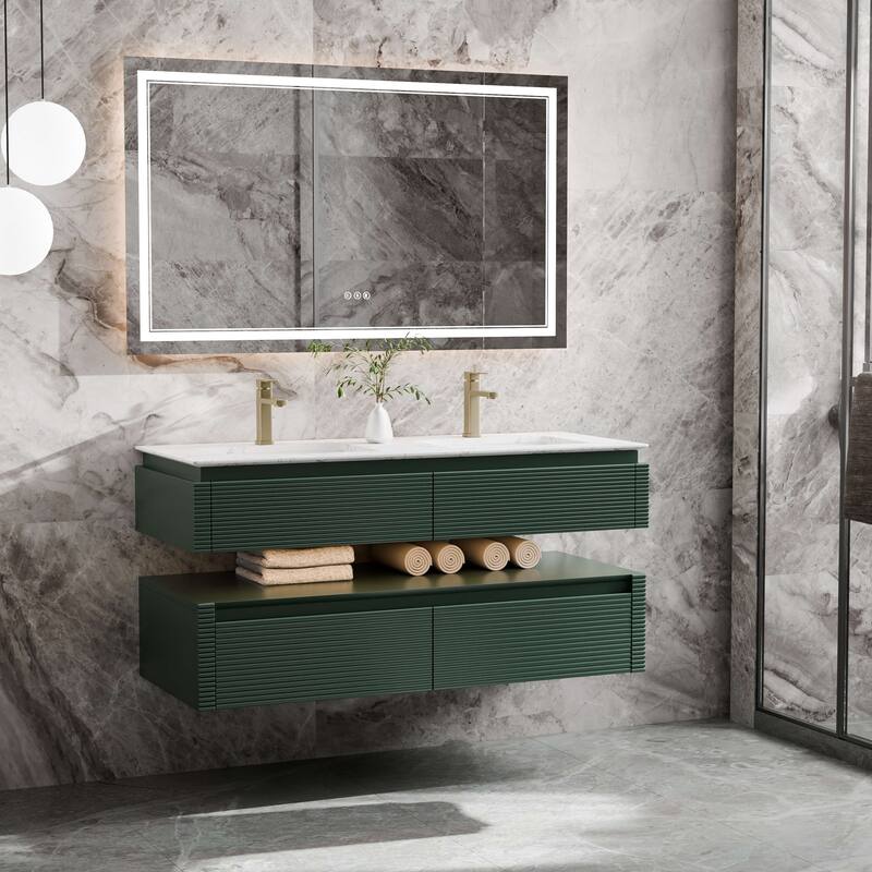 Modland 48" Modern Wall-Mounted Double Sink Bathroom Vanity with Engineered Stone Countertop,LED Light