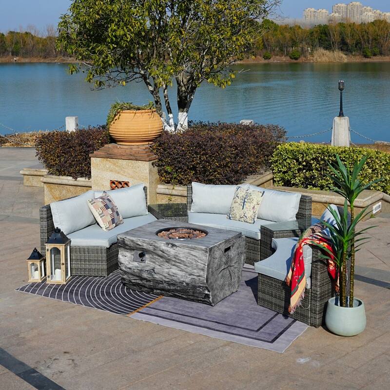 9-piece Halfmoon Patio Sectional Sofa Set with Fire Pit Table