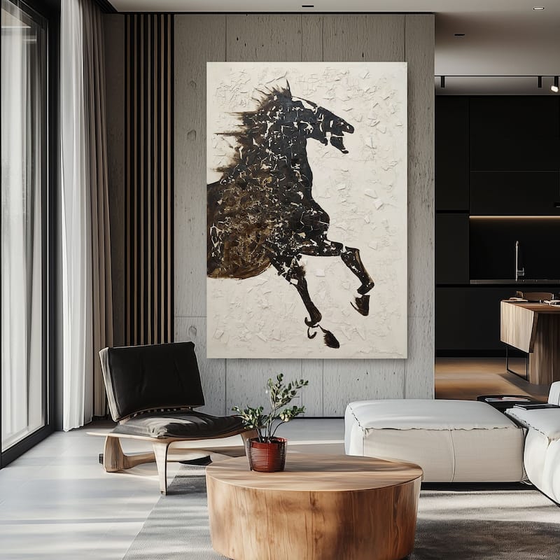 Hand Painted Galloping Horse Neutral Tones Textured Canvas Wall Art