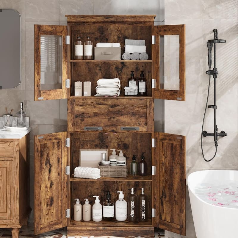 Tall Bathroom Cabinet, Freestanding Storage Cabinet with Glass Doors