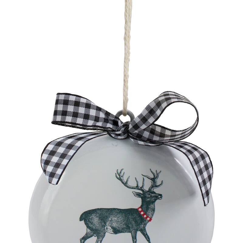 Reindeer "Merry Christmas" with a Plaid Bow Glass Disc Ornament - 4.5" - White and Black