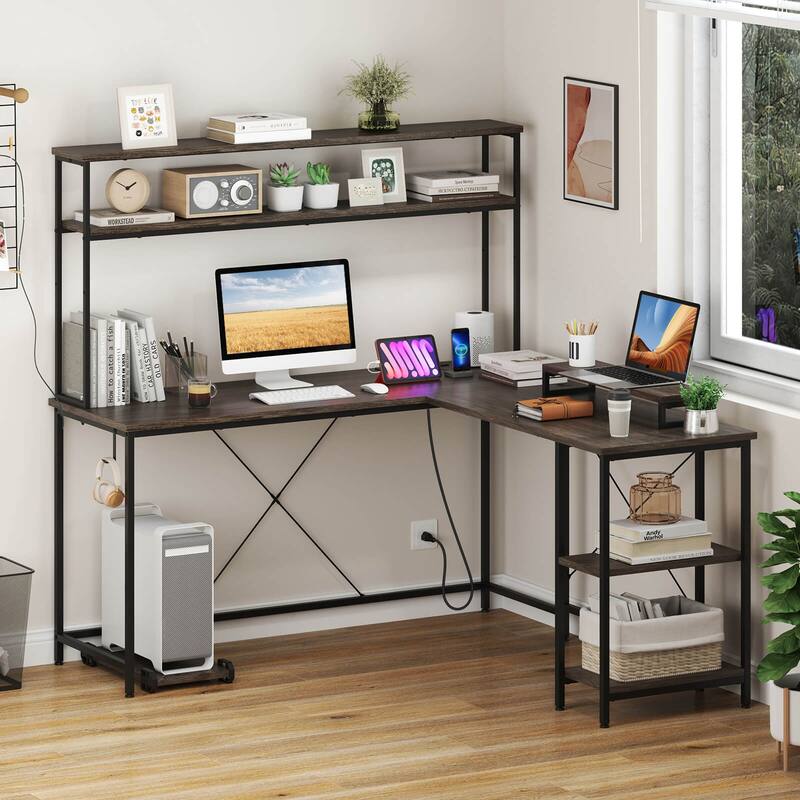 Costway L-Shaped Gaming Desk with LED Strip & Power Outlets Hutch - See Details