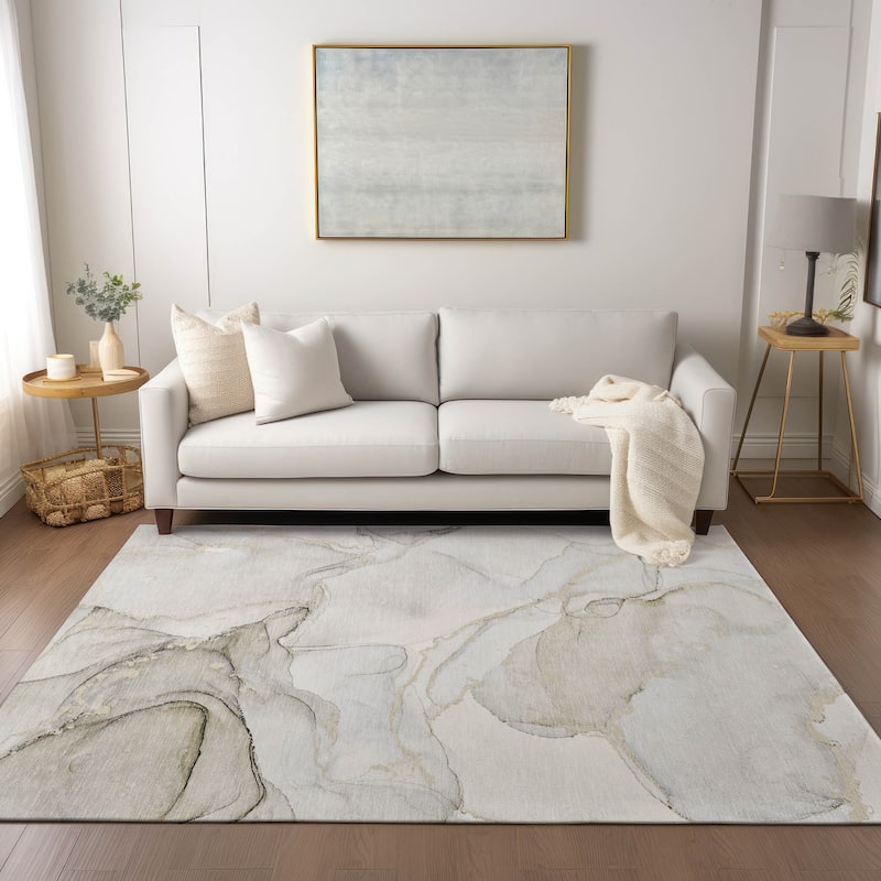 Machine Washable Indoor/ Outdoor Abstract Chantille Rug - 9' x 12' - Beige