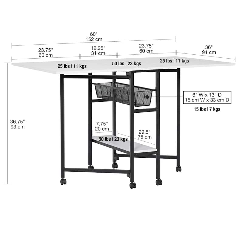 Sew Ready Standing Height (36" H) Mobile Folding Expandable Fabric and Die Cutting Table with Craft Storage- Charcoal / White