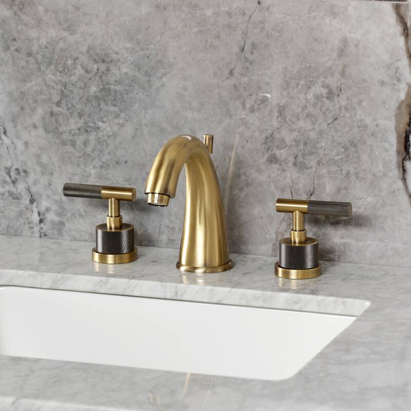 Kingston Brass Convergent Two-Handle 3-Hole Deck Mount Widespread Bathroom Faucet with Knurled Handle and Brass Pop-Up Drain