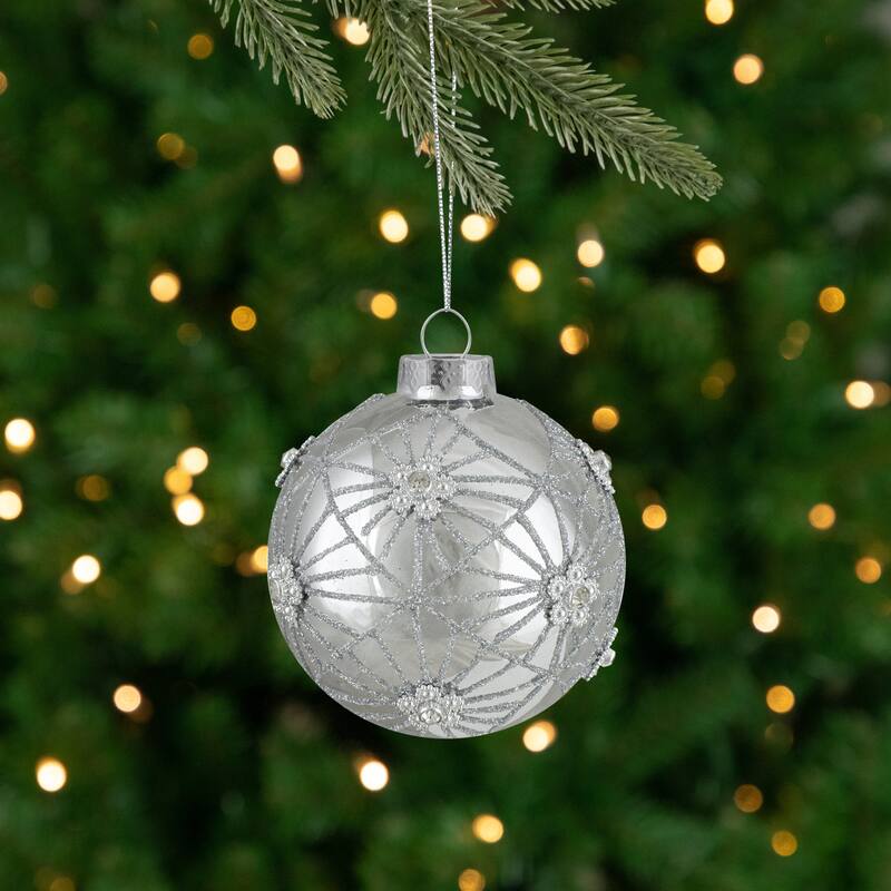 Glittered Floral Christmas Glass Ball Ornaments - 3.25" (80mm) - Silver - 4ct