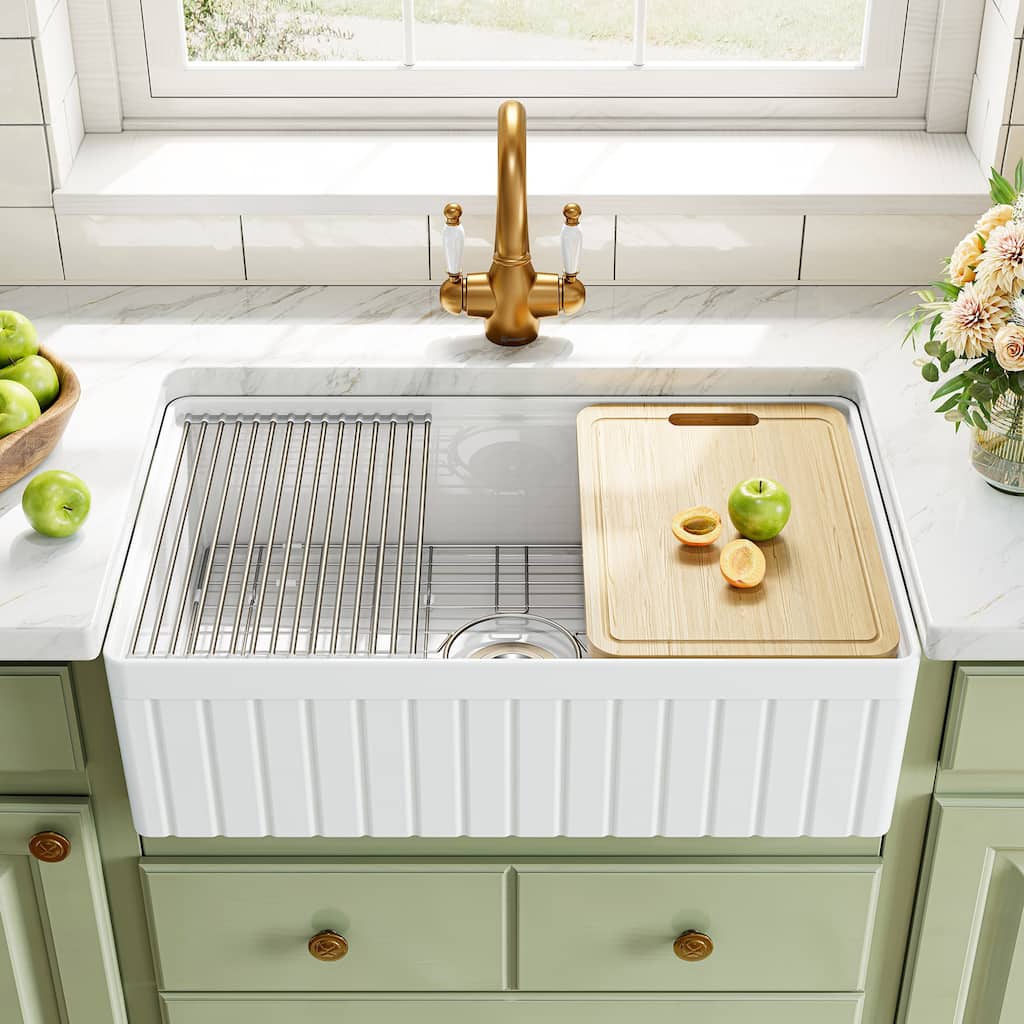 HOROW 33in. Farmhouse/Apron-Front Single Bowl White Fireclay Workstation Kitchen Sink w/Cutting Board,Bottom Grid and Strainer