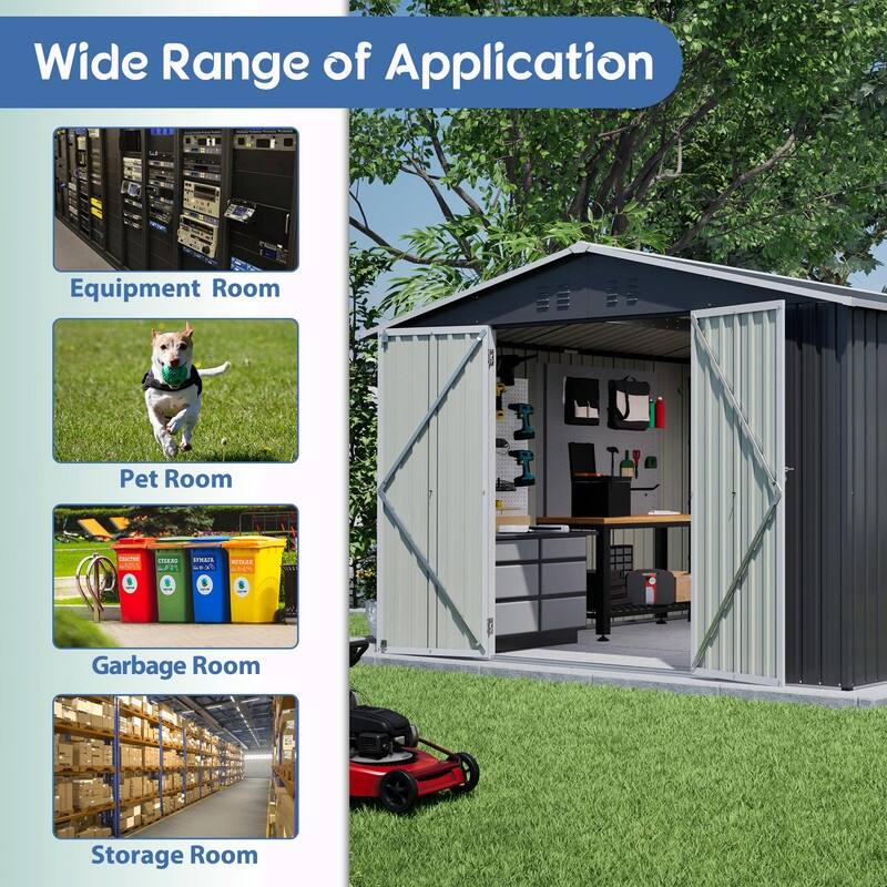 10' x 10' Outdoor Metal Storage Shed, Heavy-Duty Frame with Lockable Double Doors, All-Weather Garden Tool Shed