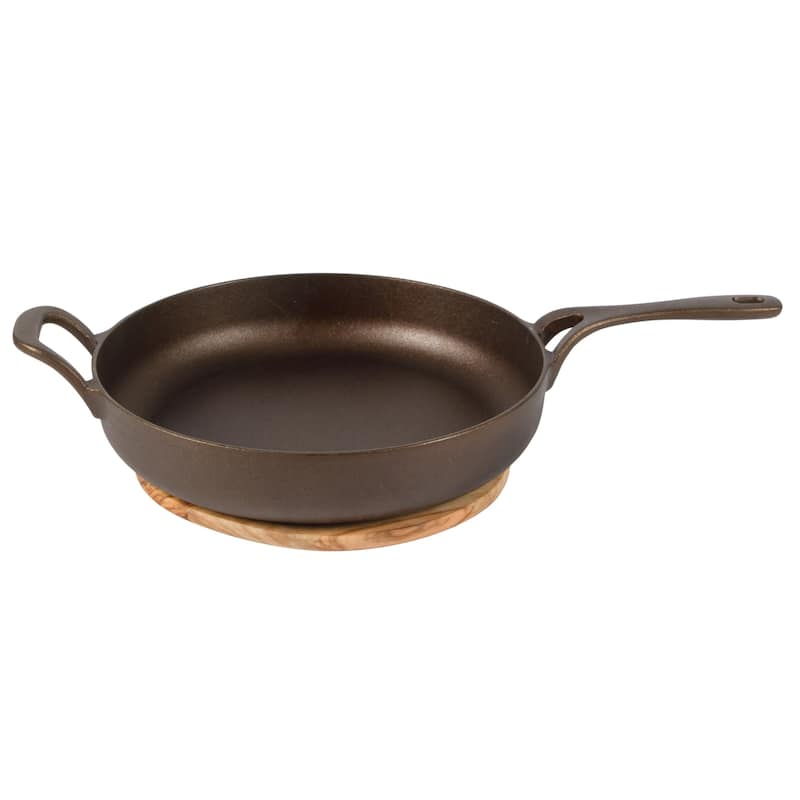 Bloomhouse Natural Bronze Finish Pre-seasoned Cast Iron Grill, Everyday Pan, Skillet & Olive Wood Trivet