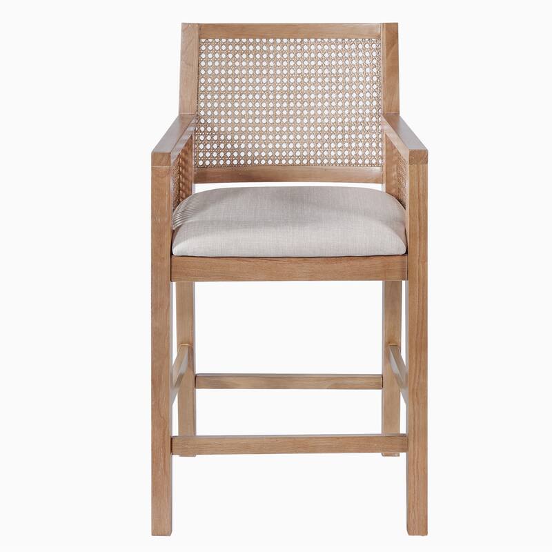 Christopher Knight Home - French Country Wood & Rattan Counter Stools with Upholstered Seat and Arms - Set of 2