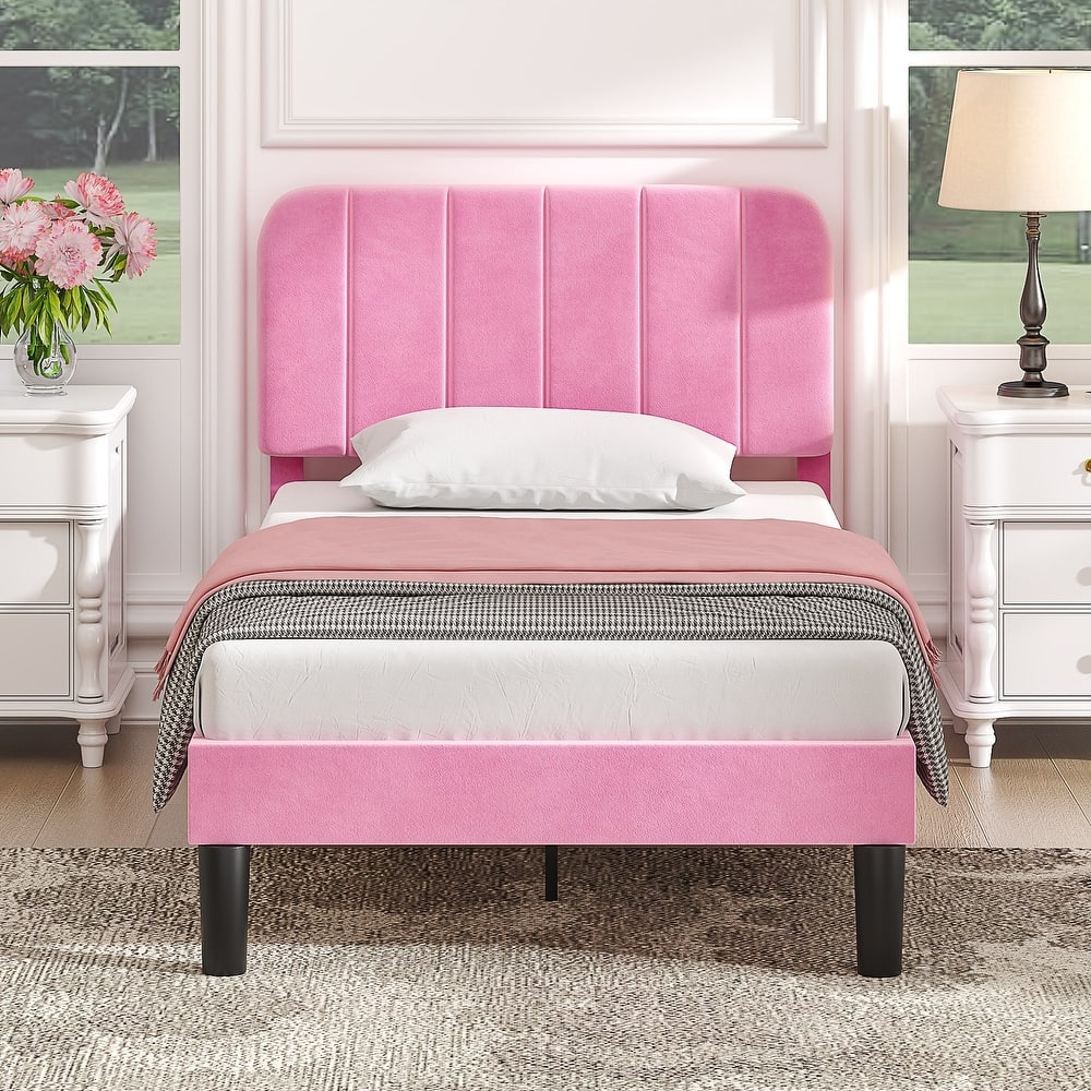 VECELO Modern Upholstered Platform Bed Frame with Adjustable Velvet Headboard Under-Bed Space for Storage No Box Spring Needed