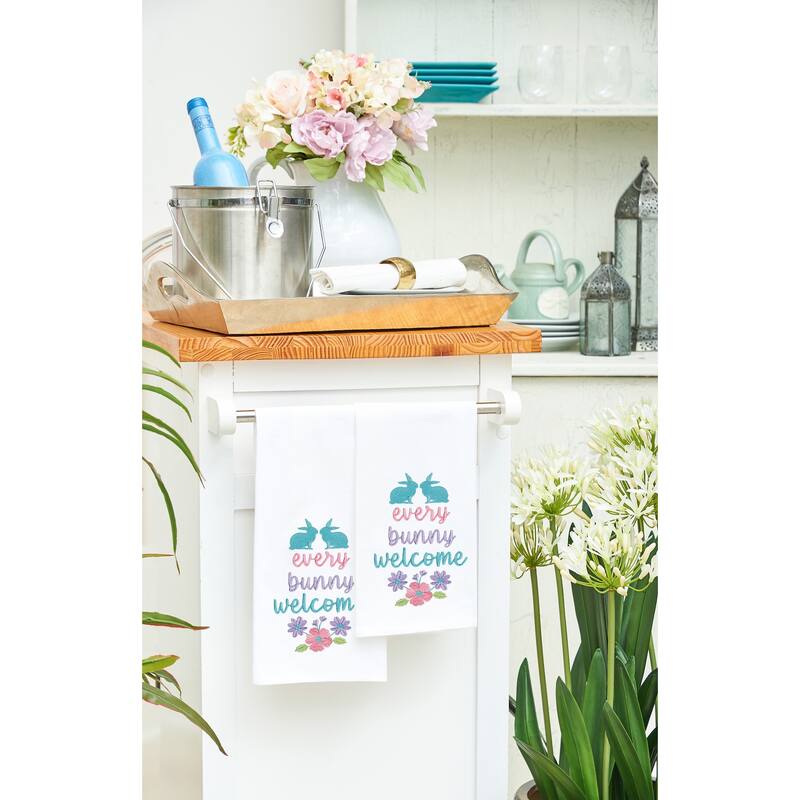 "Every Bunny Welcome" Spring Easter Rabbit Embroidered Cotton Flour Sack Kitchen Dishtowel