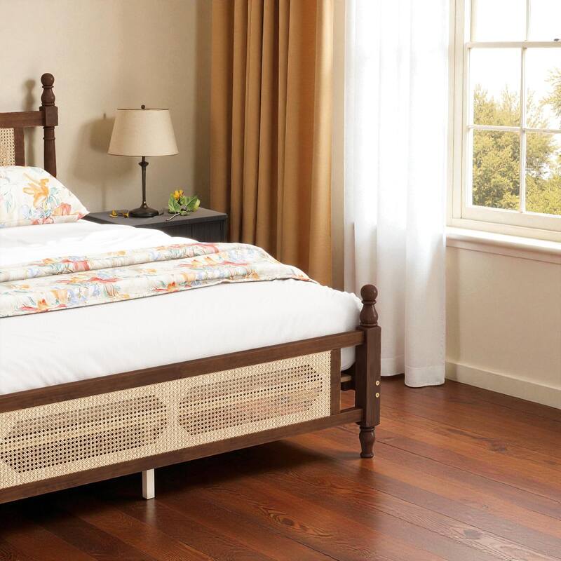Queen/King Size Pine Wood Bed with Rattan Headboard and Footboard, Solid Frame with Central Support and Under-Bed Storage