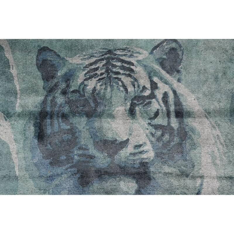 Hand Knotted Oriental Viscose Silk Carpet Modern Animal Pictorial Green Abstract Area Rug - 7' 10'' X 5' 8''