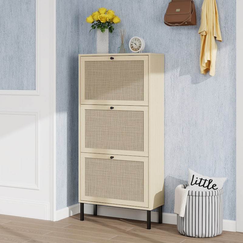 Roomfitters Rattan Shoe Cabinet, Modern Freestanding Shoe Storage Organizer with 3 Flip Doors - Natural