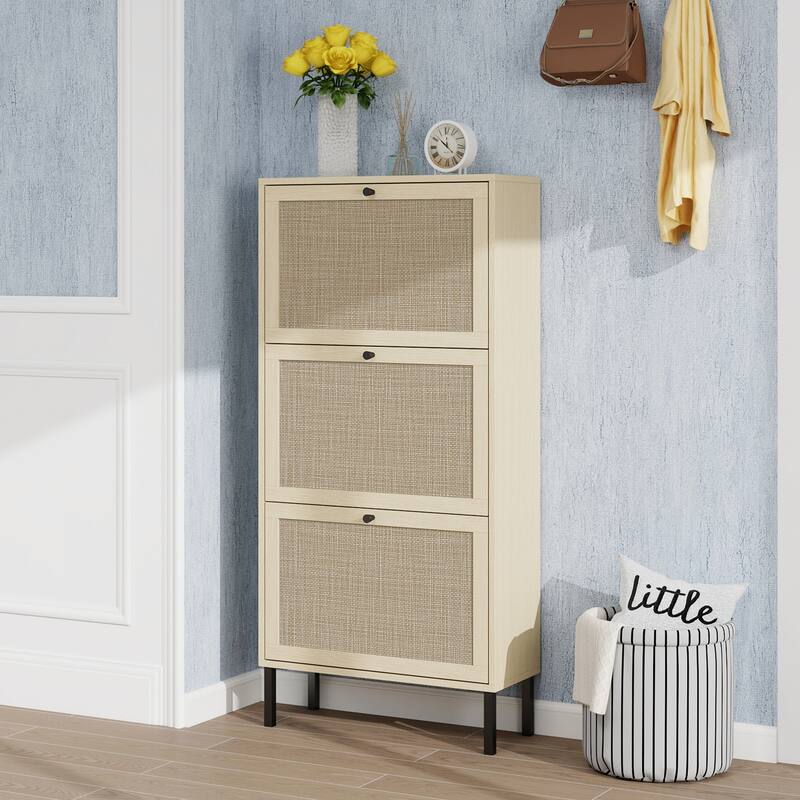 Shoe Storage Cabinet with 3 Flip Drawers, Freestanding 3-Tier Shoe Rack, Slim Shoe Organizer with Half Round Woven Rattan Doors
