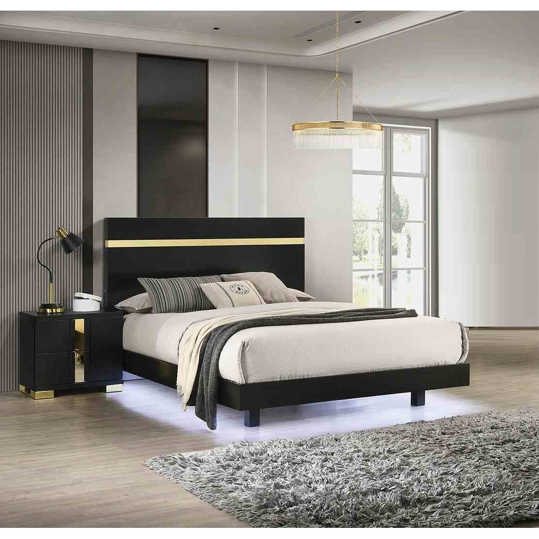 Modern Black Finish Platform Bed 2x Nightstands Bedroom Set 3pc