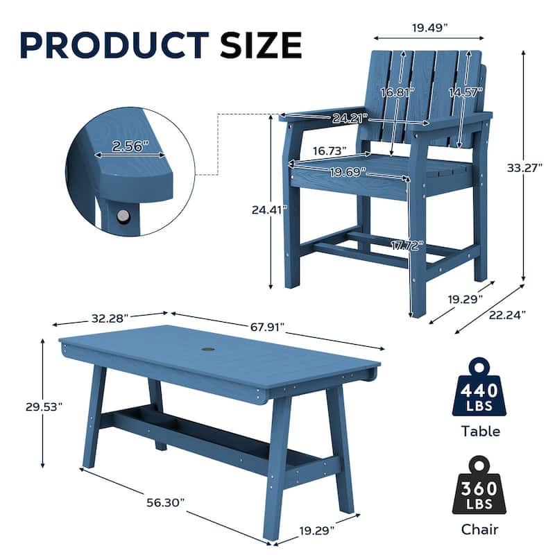 7-Piece HDPE Outdoor & Indoor Dining Set, Rectangular 67.91in W Table with Umbrella Hole and 6 Chairs Set of 7, Wood-Look Finish