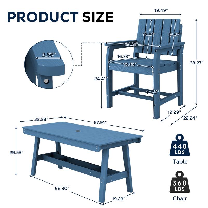 HDPE Patio Dining Set with Rectangular 67.91in W Table with Umbrella Hole and 4 Chairs - N/A