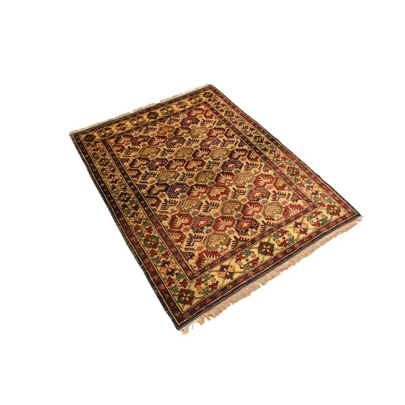 Caucasian Super Kazak Kairo Gold/Blue Hand Knotted Wool Rug - 4'3'' x 5'6''