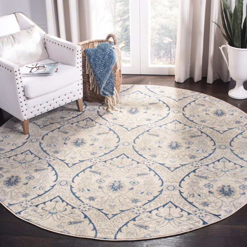 SAFAVIEH, Brentwood Koyka Traditional Oriental Rug - 6'7" Round - Light Grey/Blue