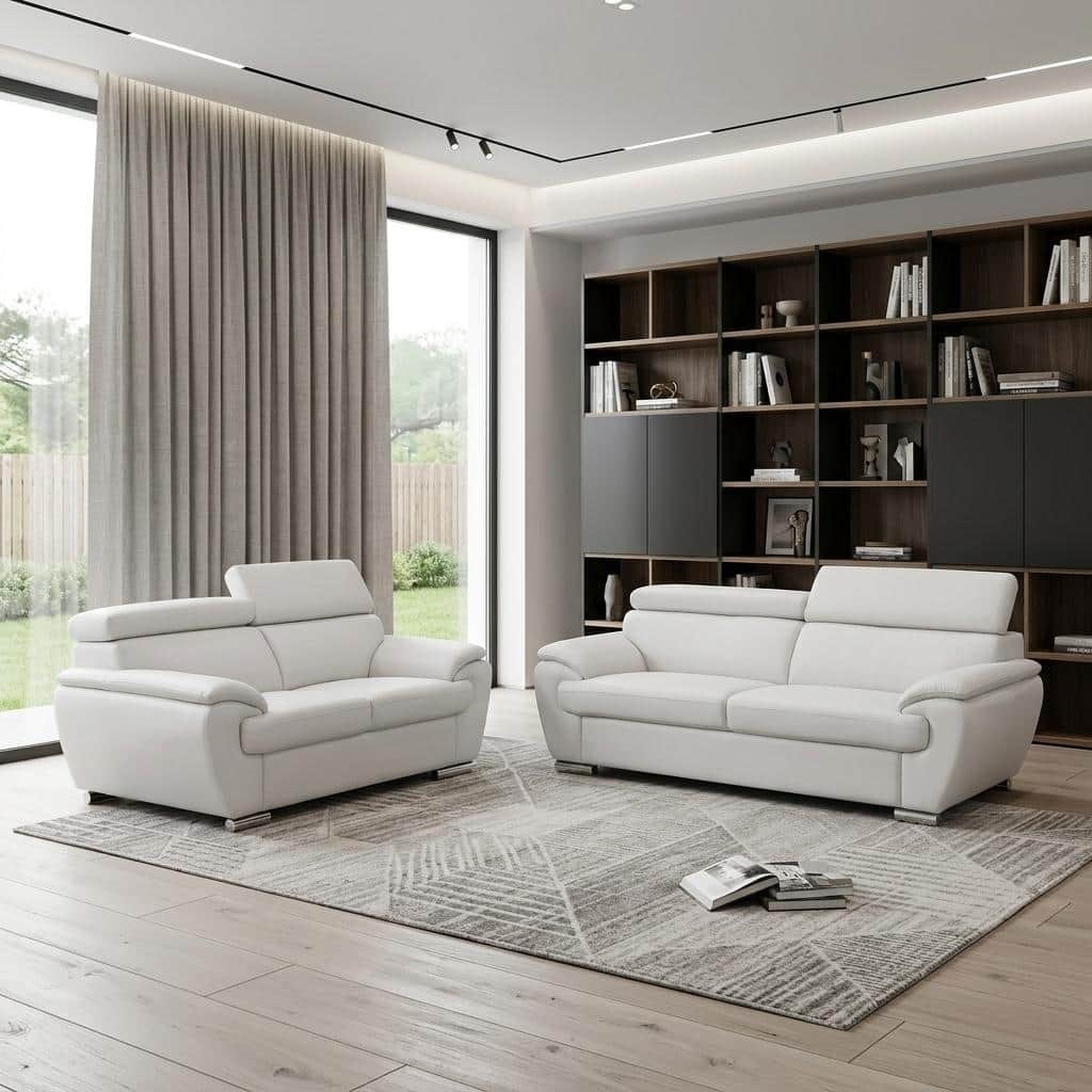 HomeRoots Two Piece Indoor White Genuine Leather Five Person Seating Set