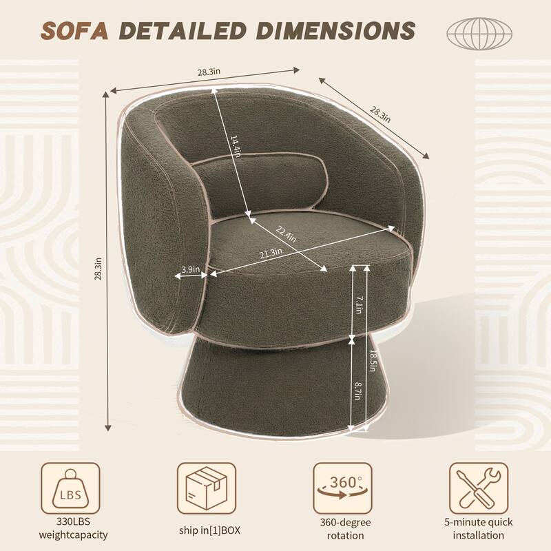 360° Swivel Accent Chair, Round Barrel Upholstered Armchair with Lumbar Cushion