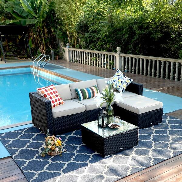 Shop Phi Villa Outdoor Furniture Wicker Patio Sectional Sofa Rattan Couch Set With Tea Table 5 Piece Overstock 30947880 Blue