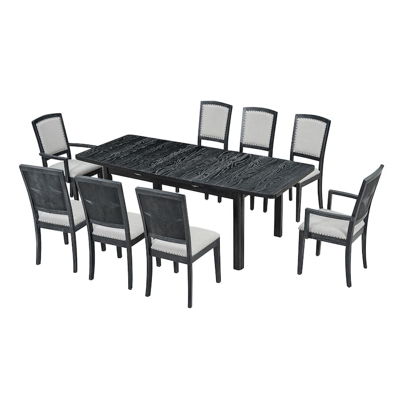 Roomfitters Rustic Extendable 9-Piece Dining Table Set with 24" Leaf, Upholstered Armless and Padded Arm Chairs