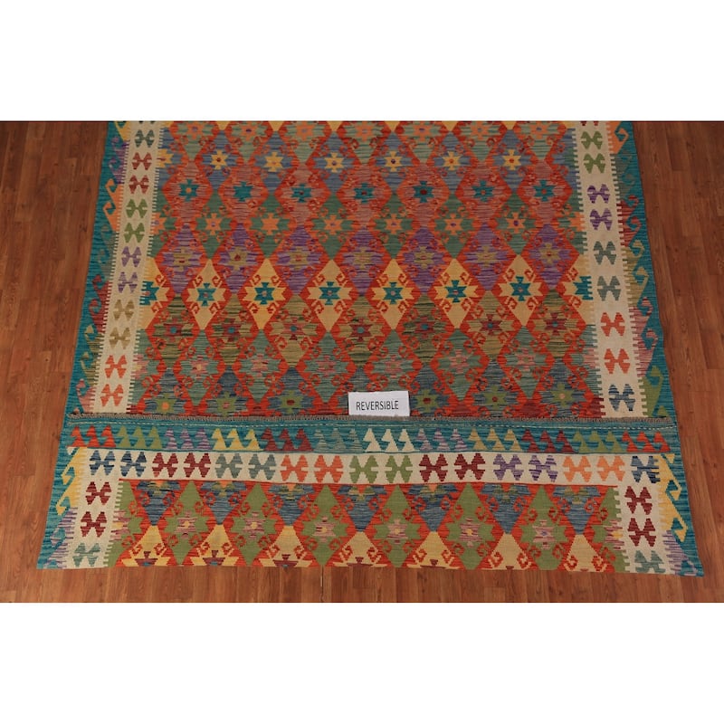 All-Over Geometric Kilim Area Rug Hand-Woven Oriental Wool Carpet - 8'4"x 11'7"