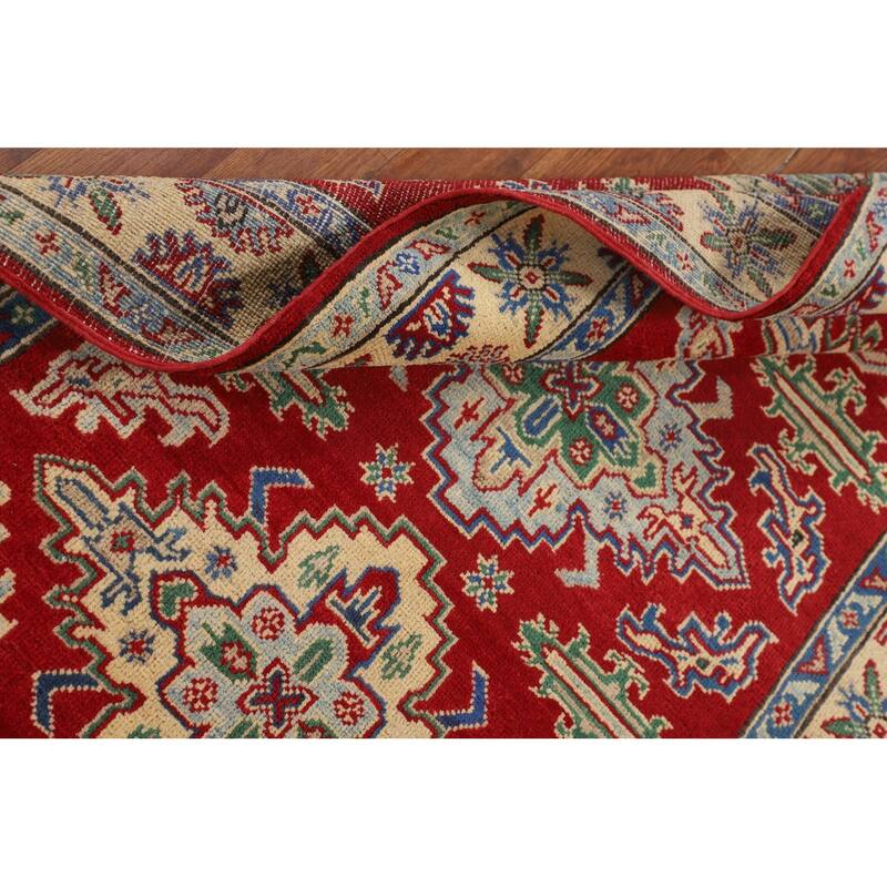 Red Geometric Kazak Foyer Rug Hand-Knotted Oriental Wool Carpet - 3'5" x 5'2"