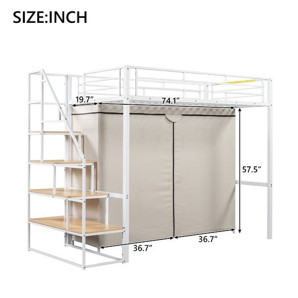 dimension image slide 0 of 4, Metal Loft Bed with Wardrobe & Storage Shelves for Kids